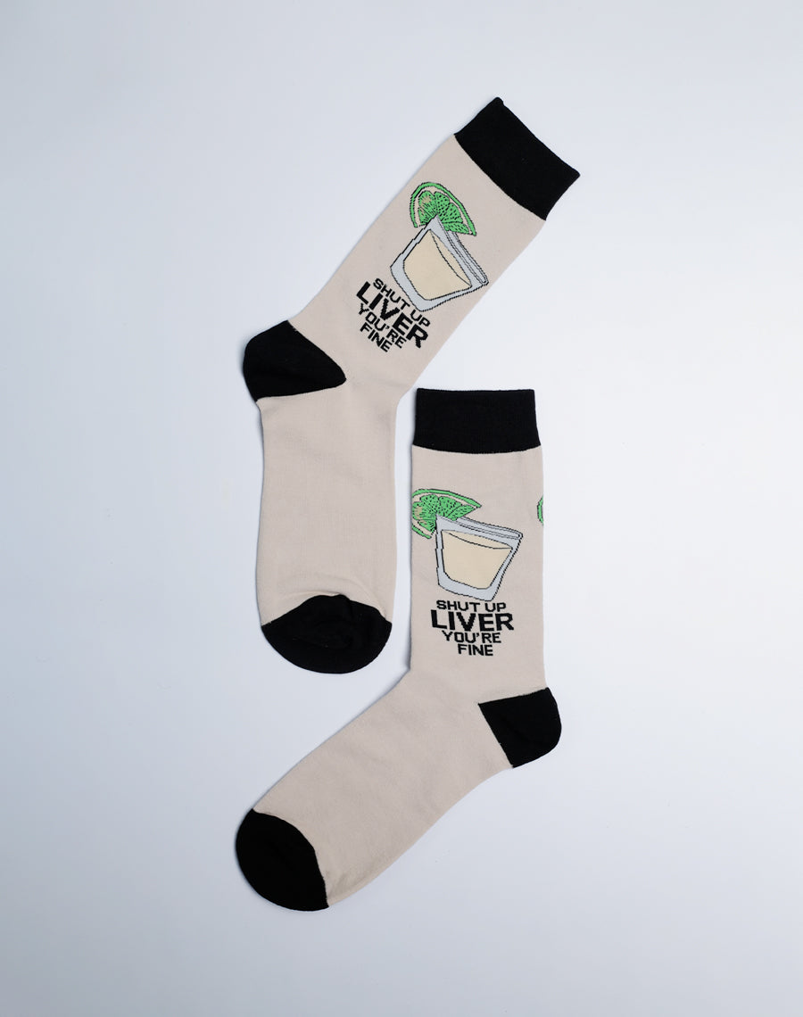 Men's Shut Up Liver You're Fine Tequila Crew Socks - Cream Black Color Cotton made Socks