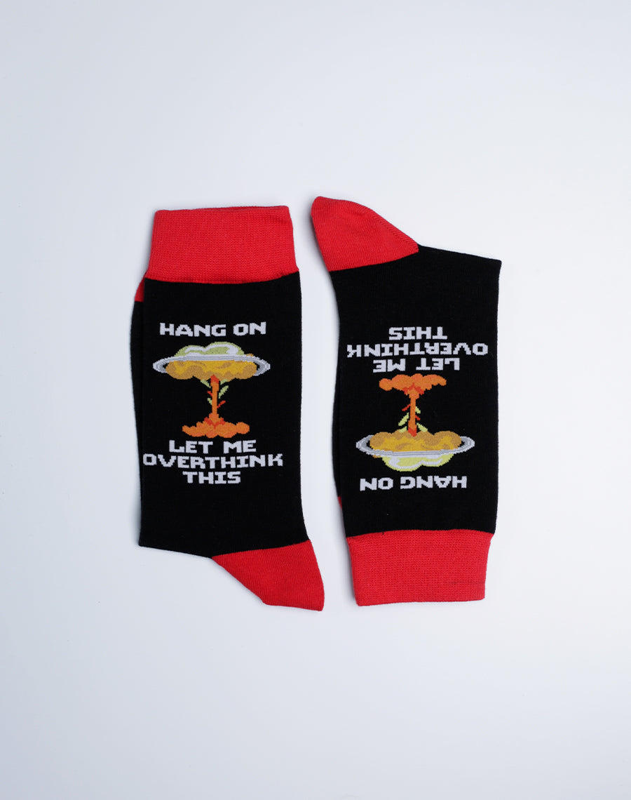 Red Black Crew socks  for men- Hang on Let me overthink this Printed Crazy Socks 
