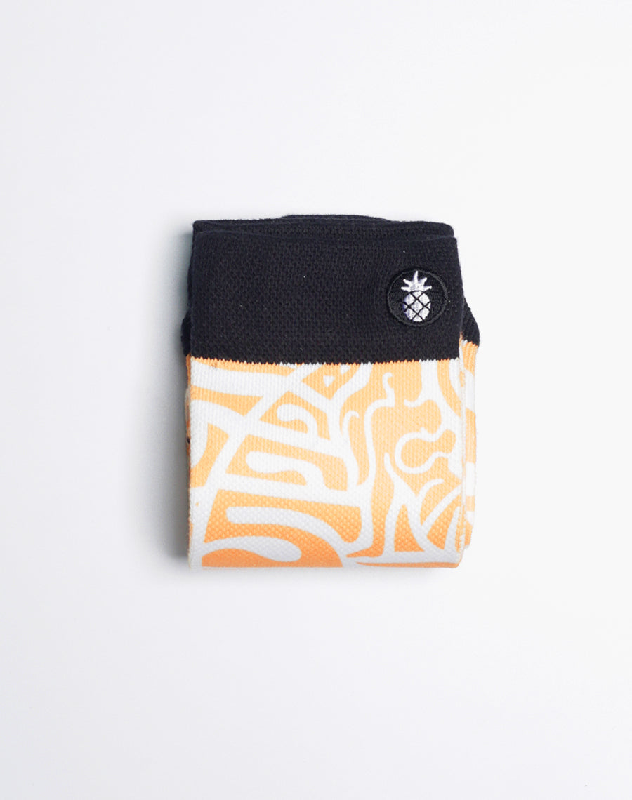 Soft cotton blend Maui Brewing Co. printed crew socks featuring golden Hawaiian pattern, free shipping in the U.S.