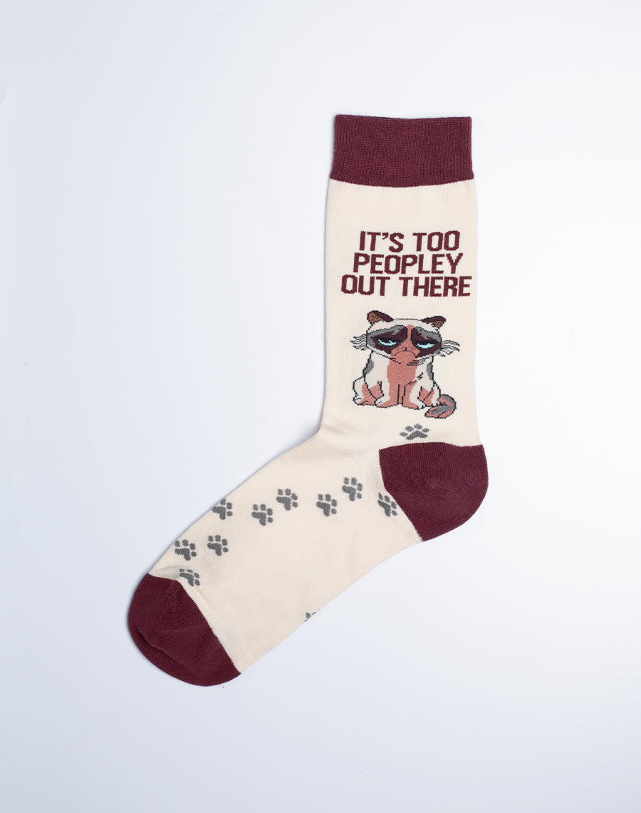 Too Peopley Out There Funny Cat Crew Socks - Brown Beige Color