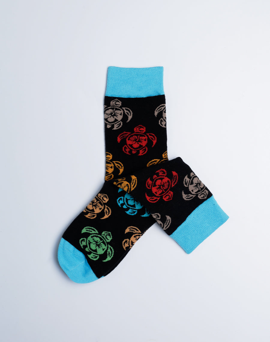 Kids Tribal Turtle Hawaii Crew Socks - Black Multi color Cotton Socks