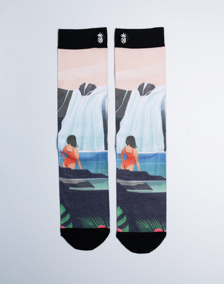 Cotton Made Hawaiian Waterfalls Printed Socks for Men and Women