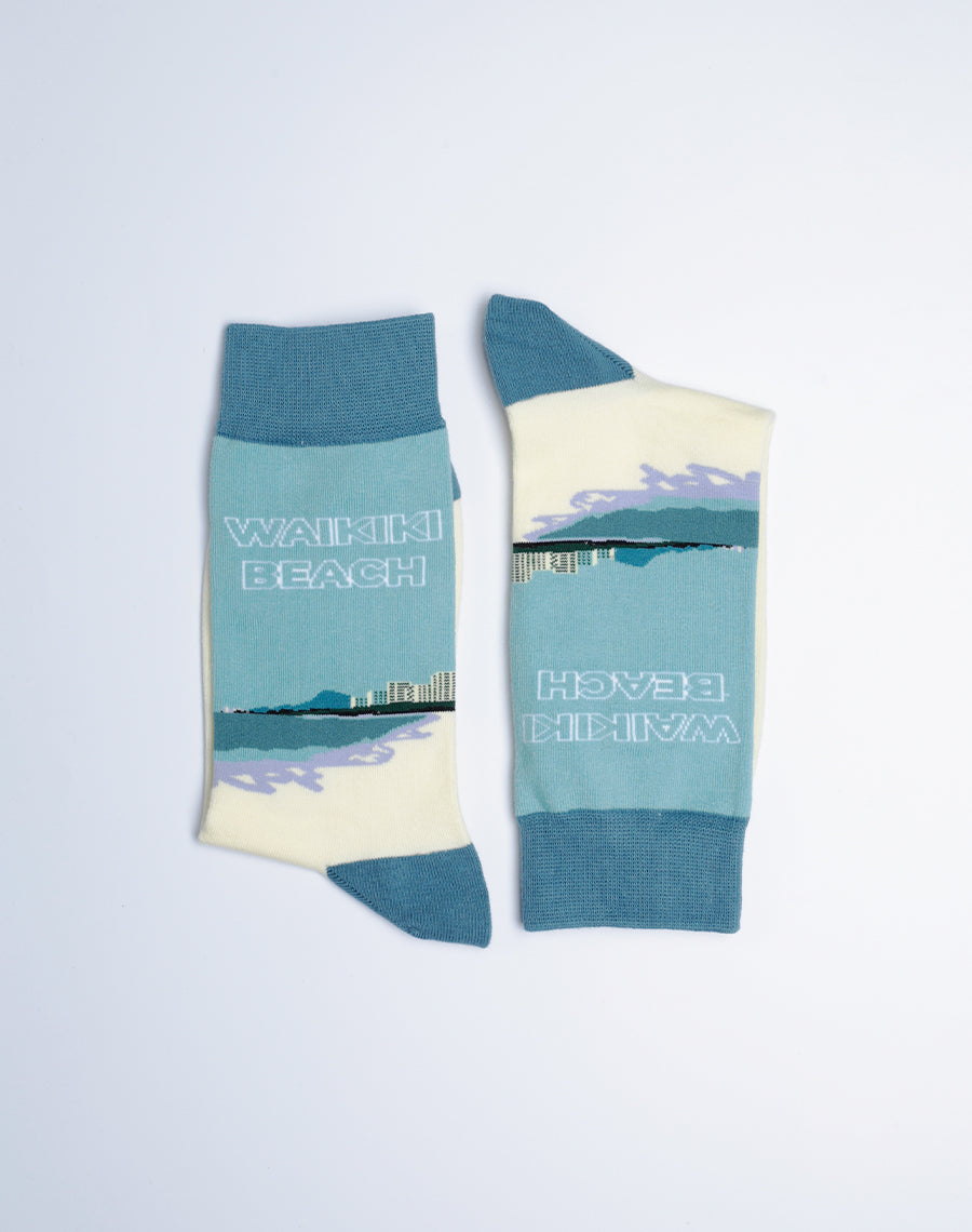 Hawaiian Waikiki Beach Printed Cotton Socks - Blue White Socks