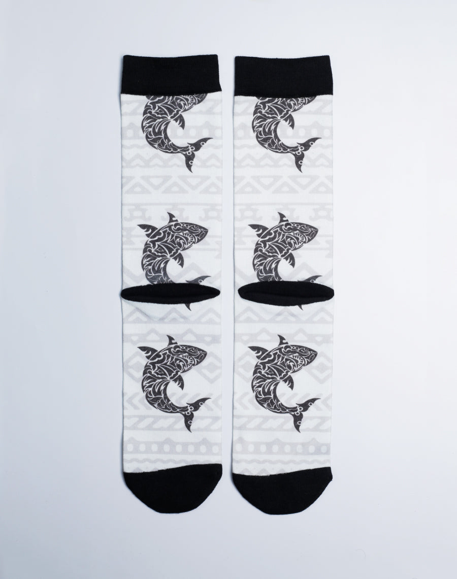 Tribal Great White Shark Printed Crew Socks for both men and Women