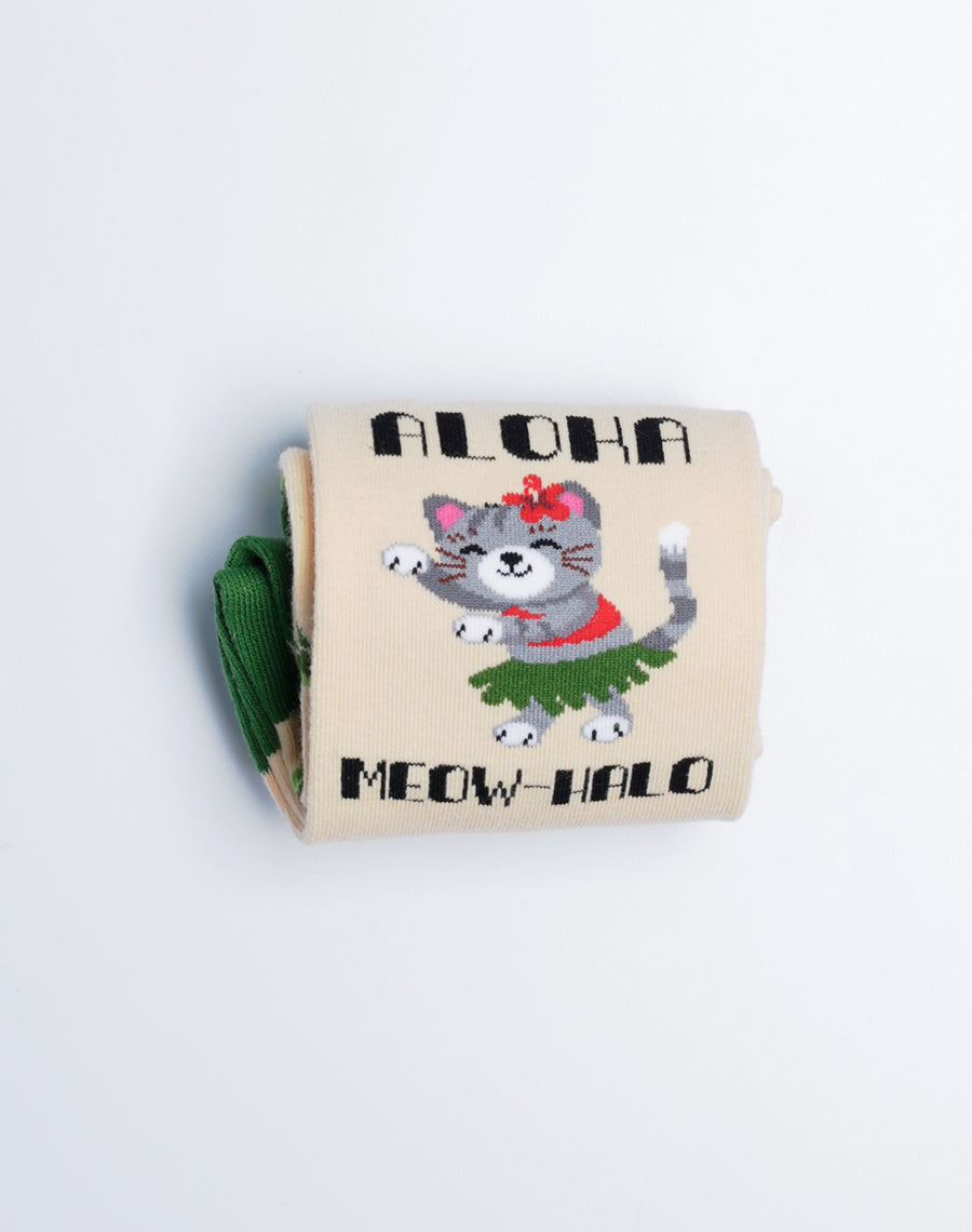 Aloha Meowhalo Cat Crew Socks for Women - Just Fun Socks