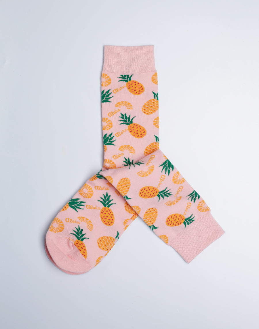 Women's Aloha Pineapple Tropical Crew Socks - Pink Color Cotton Made