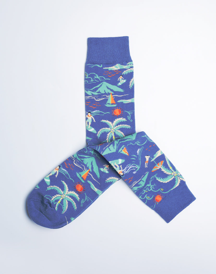 Womens Beach Day Tropical Hawaiian Socks - Cotton Made - Blue Printed socks