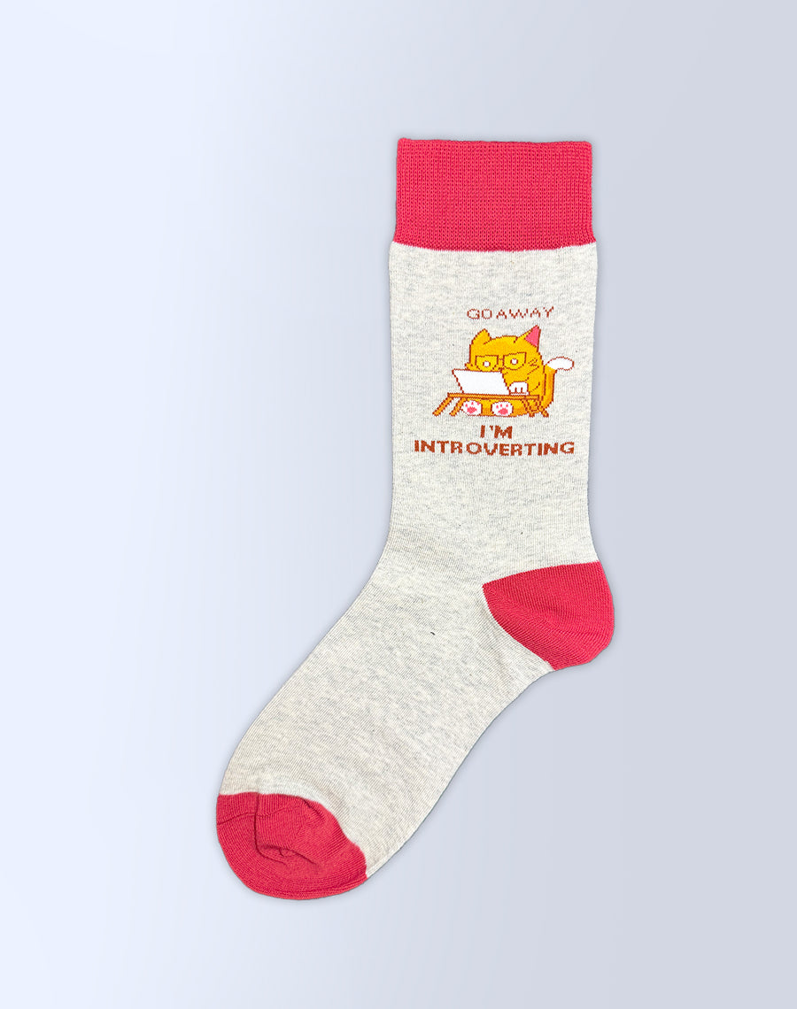 Women's Go Away I'm Introverting Cat Crew Socks - Gray Color Socks - Funny Cat Socks