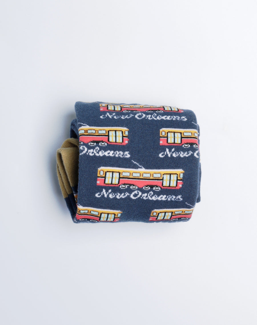 Navy Blue Color New Orleans Street Car Van Printed Crew Socks