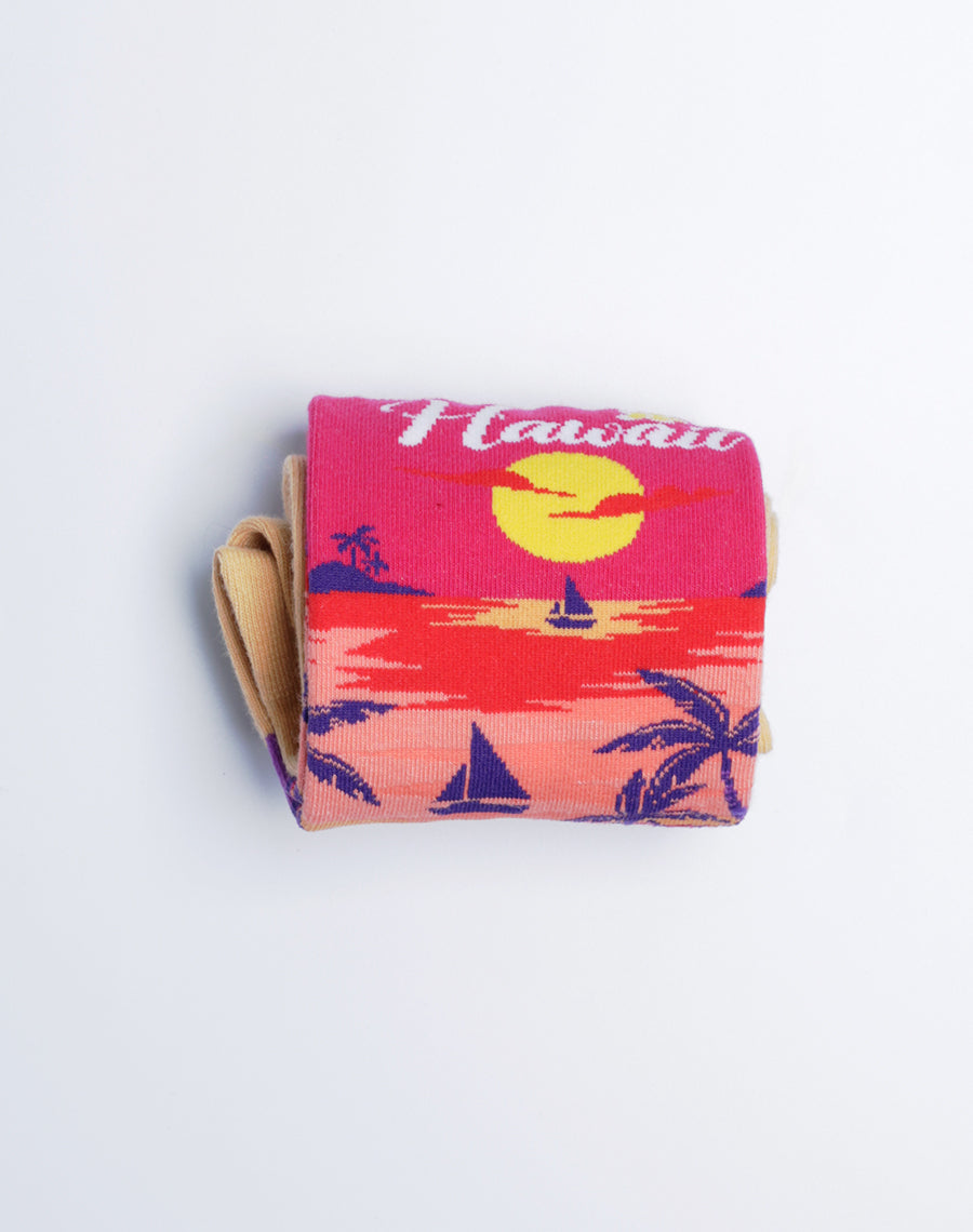 Sunset Beach Cotton Made Hawaii Printed Pink Crew Socks