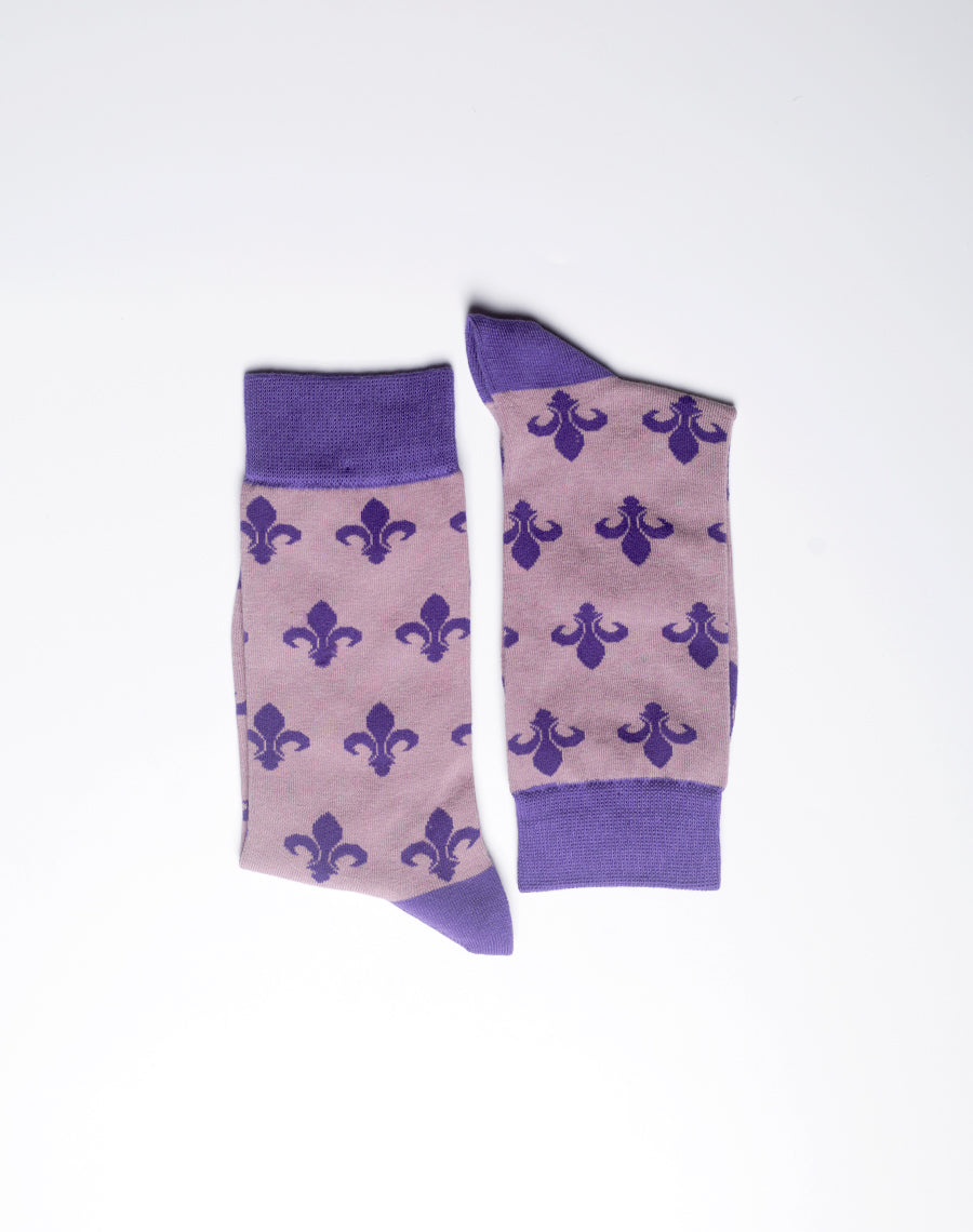 Women's purple socks featuring classic fleur de lis pattern