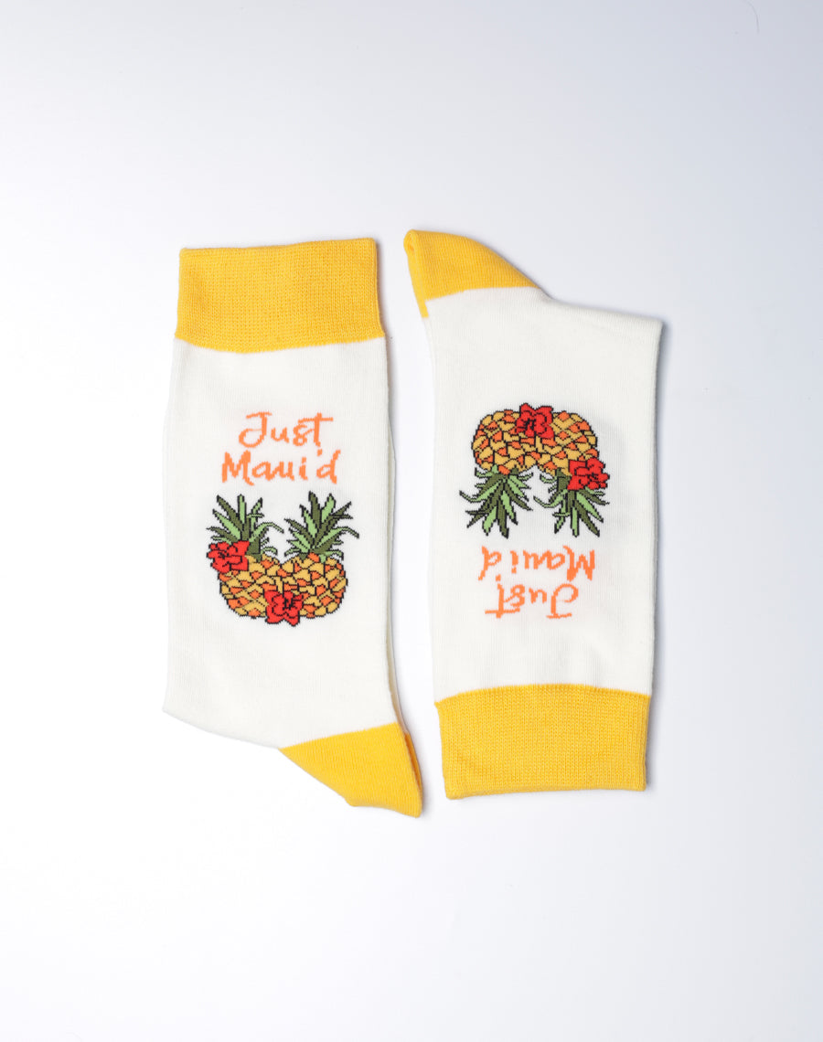 Cotton Made Cream Color yellow heels Pineapple Printed Crew Socks - Just Mauid
