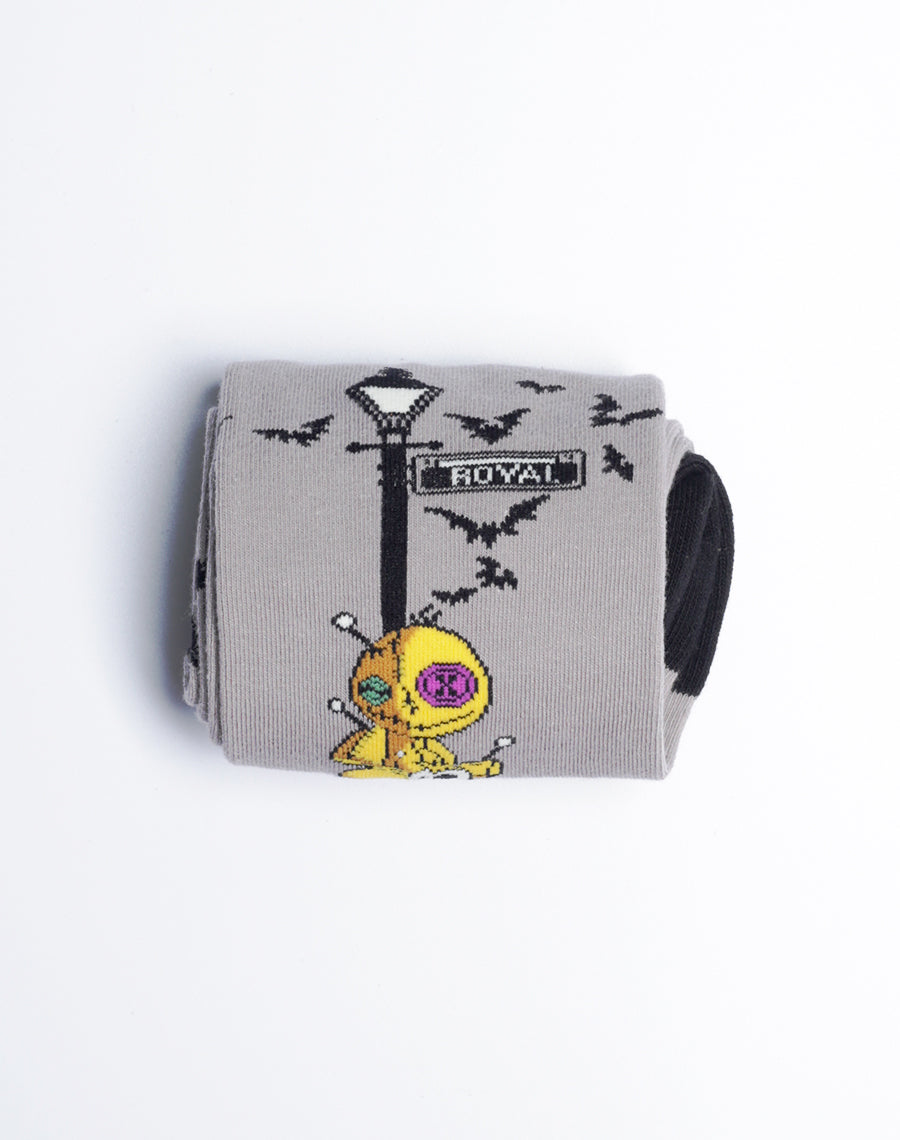 Grey Crew Socks with Black Heels - Voodoo Doll printed Socks