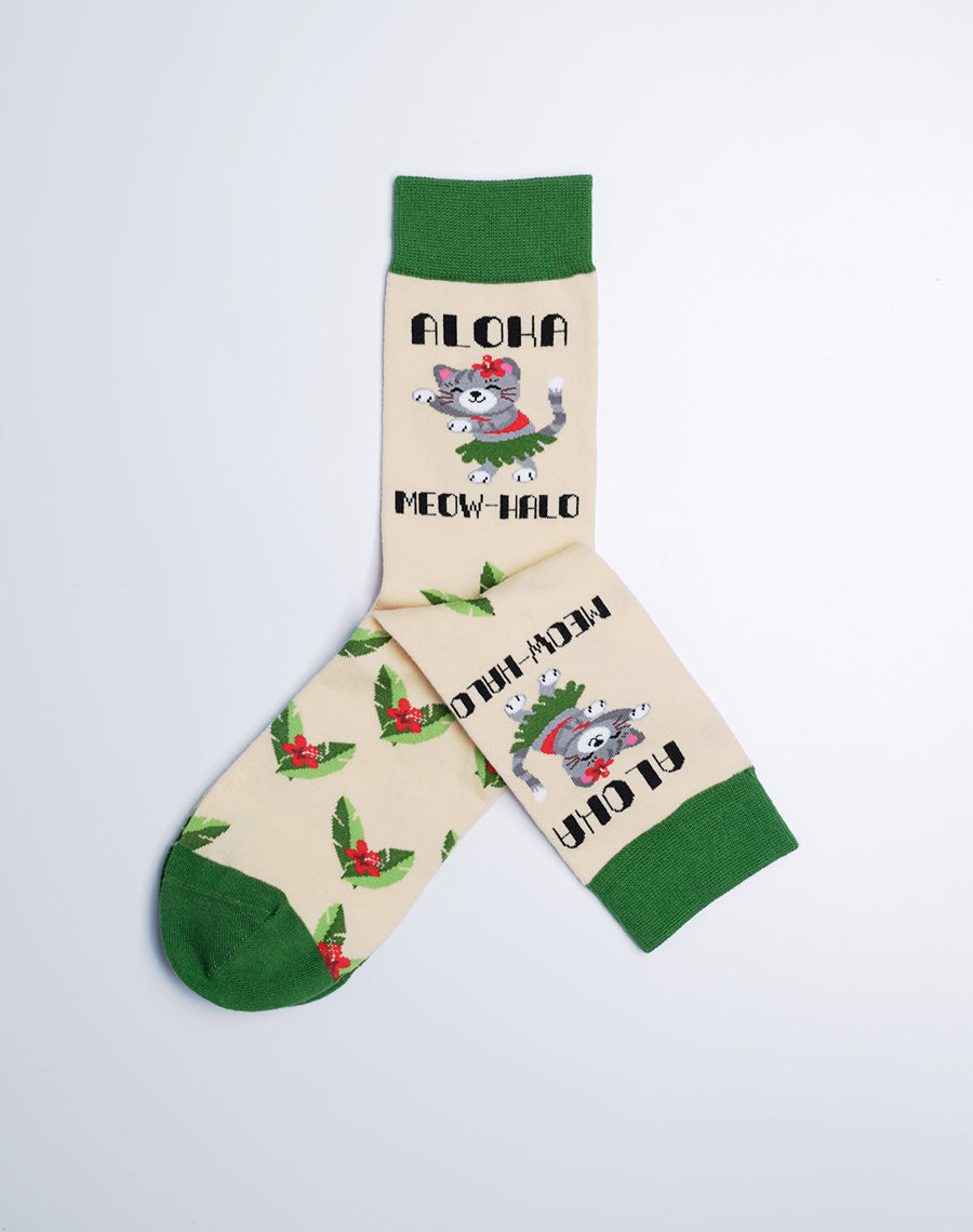 Aloha Meow Halo Tan and Green Crew Socks for Women