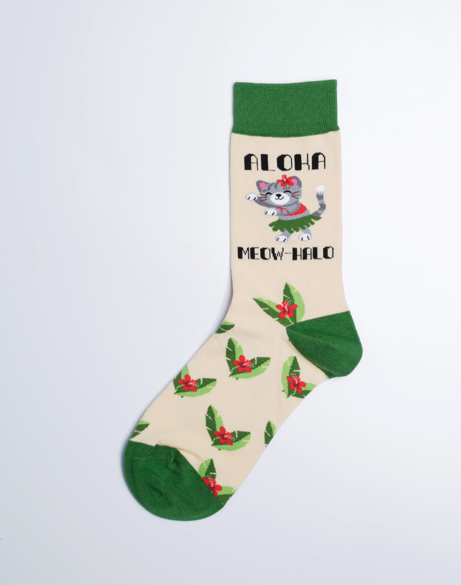 Aloha Meowhalo Cat Crew Socks (Beige & Green) - Cute Cat Socks for Ladies