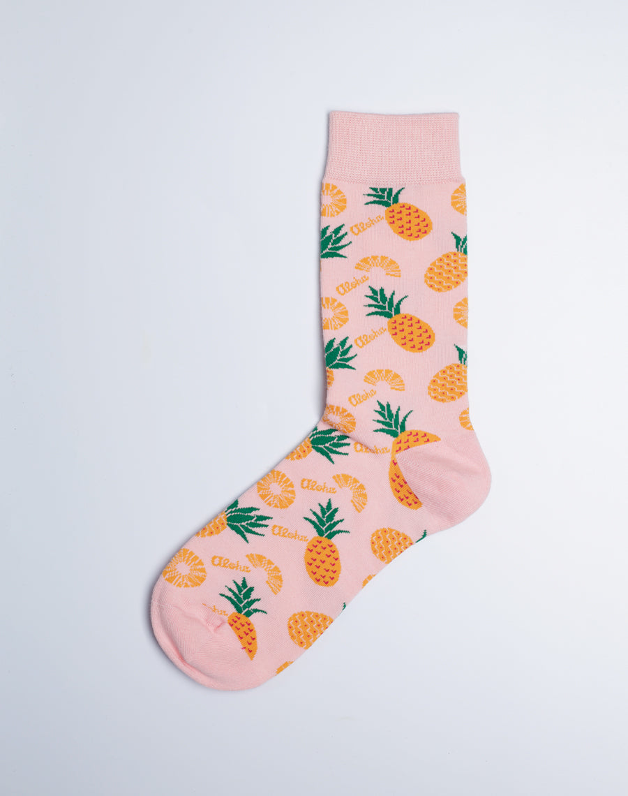 Aloha Pineapple Crew Socks (Pink) - Cotton Made Printed Socks 