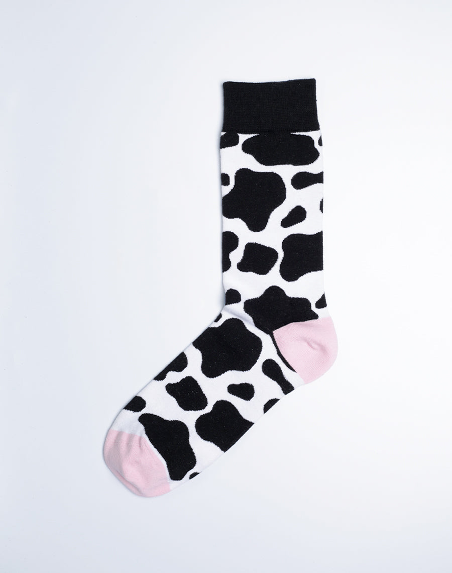 Women's Cowprint Animal Crew Socks - Black and White Socks with Pink Toes