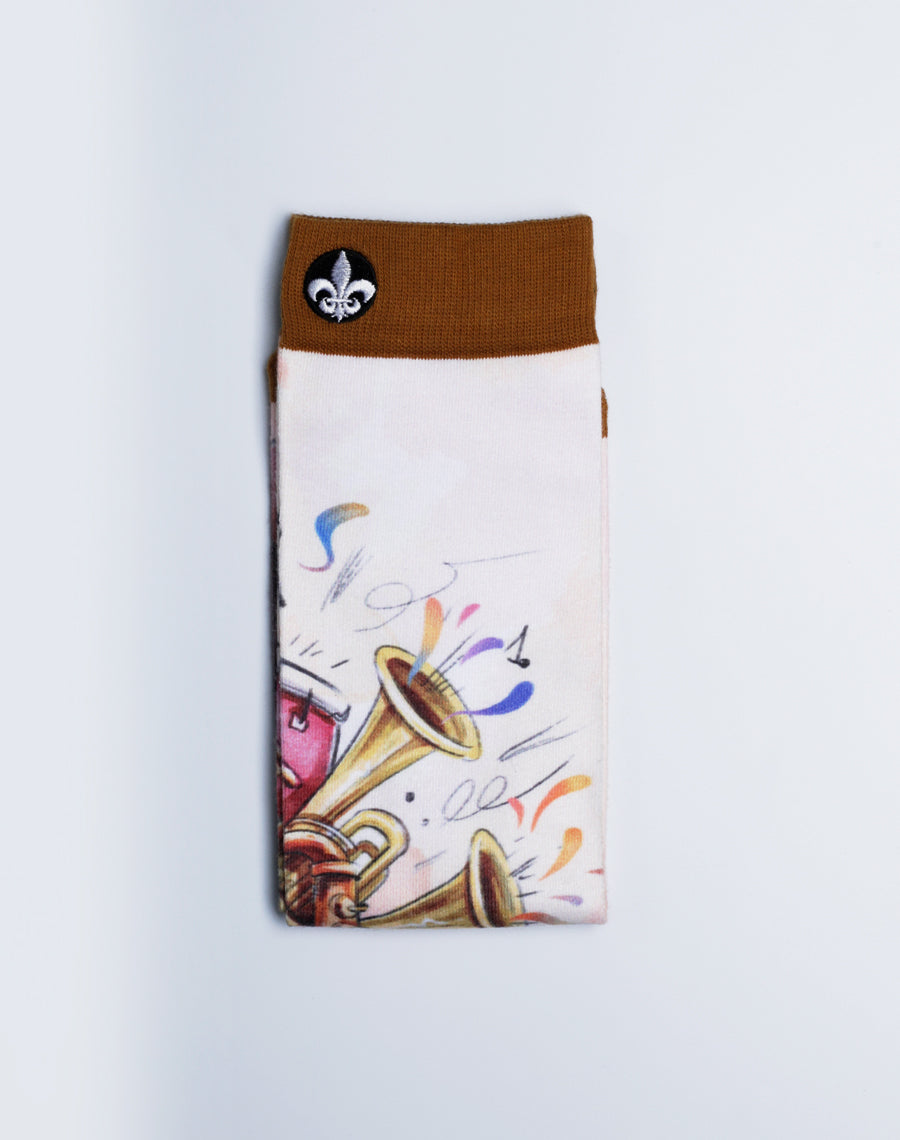 Back Beat Jazz Printed Crew Socks - White color