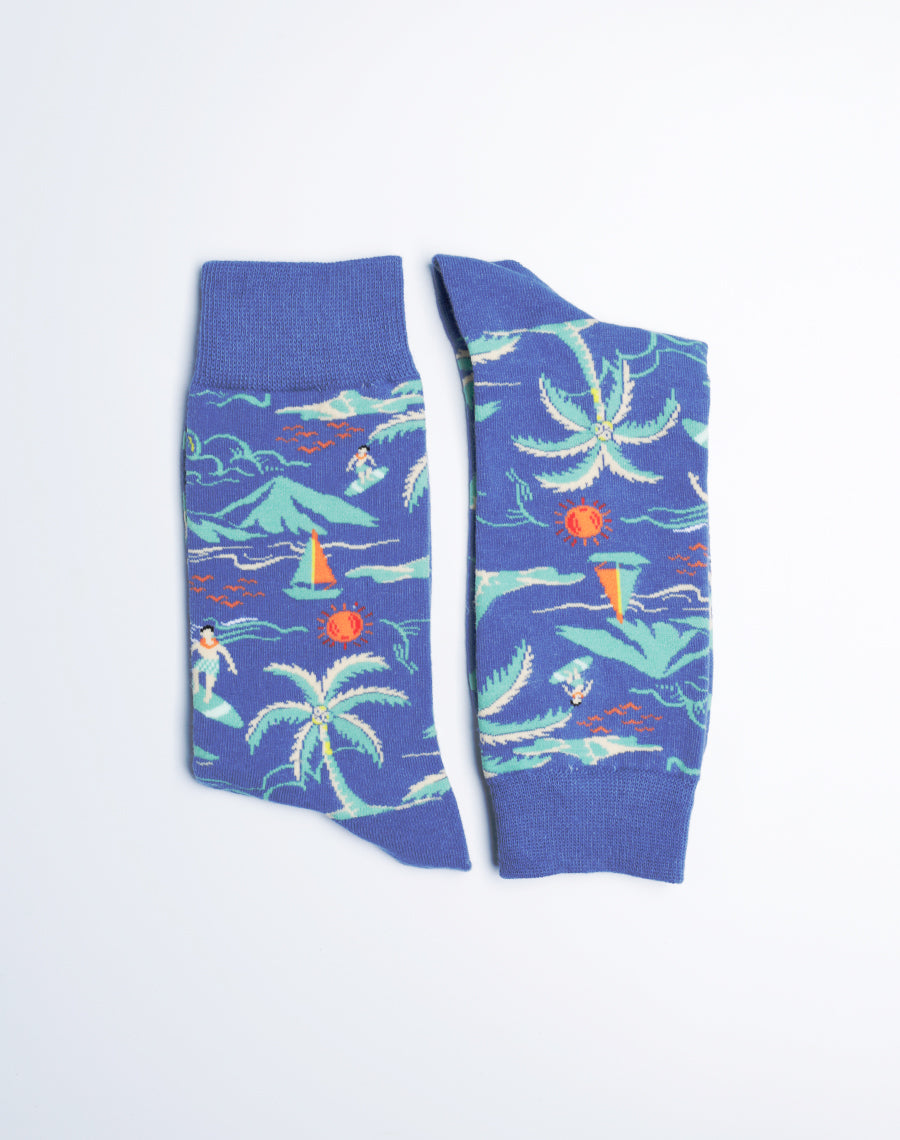 Mens Beach Day Tropical Crew Socks - Cotton Made - Blue Socks