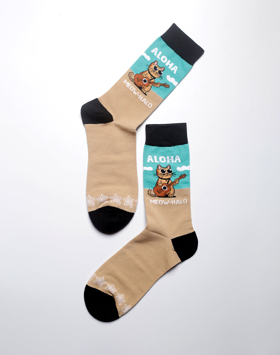 Beach themed socks featuring cats and ukulele illustration