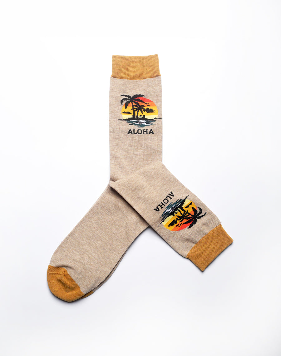 Beige Hawaiian crew socks with aloha island theme