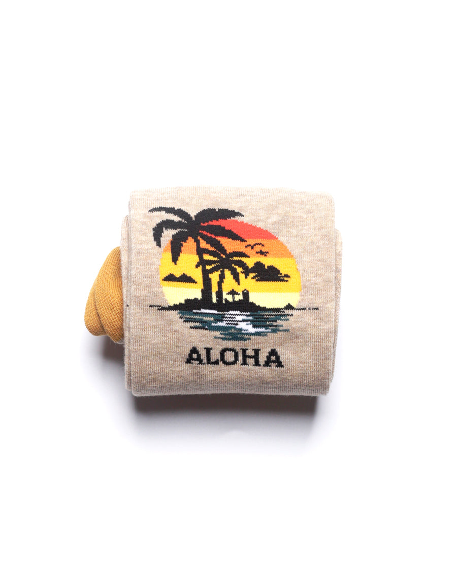Beige crew socks with subtle Hawaiian graphics