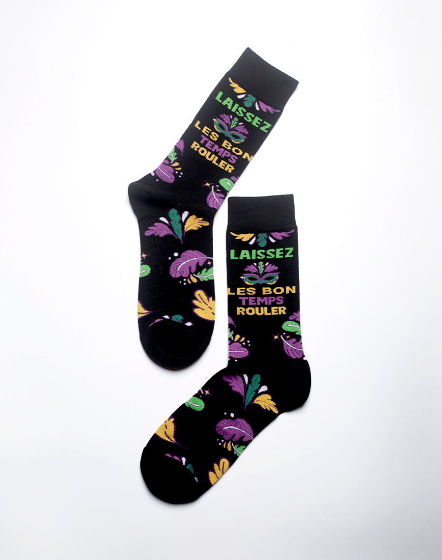 Black crew socks featuring bold Mardi Gras slogan and graphics