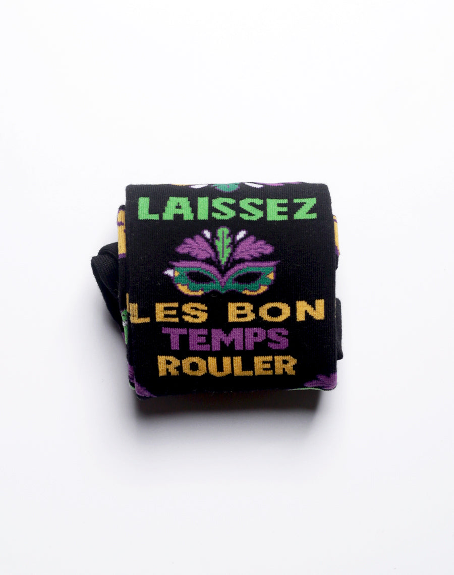 Black novelty socks with classic Mardi Gras phrase and design
