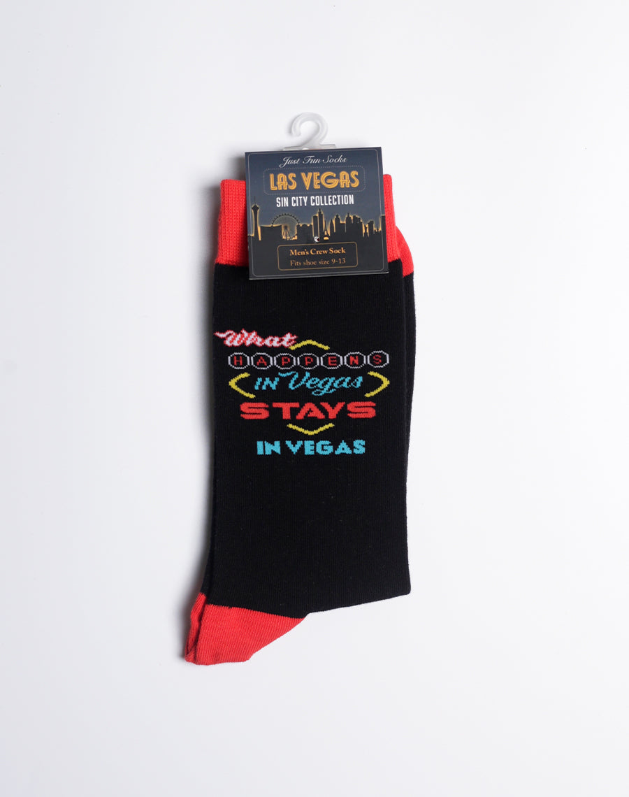 Statement socks with a fun and iconic Las Vegas quote, great for travel lovers and partygoers.