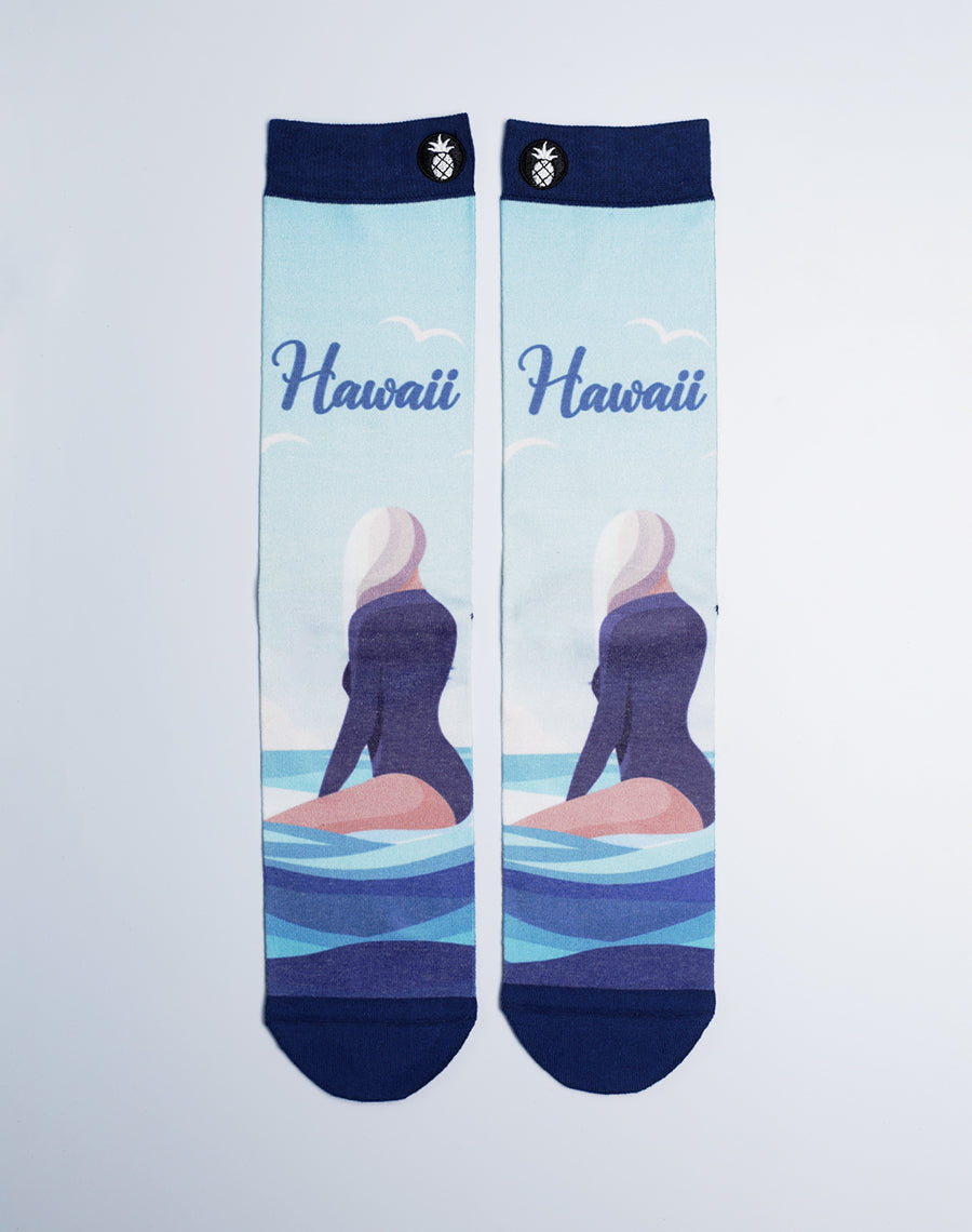 Unisex Waiting On Waves Hawaii Printed Blue Crew Socks - Just Fun Socks