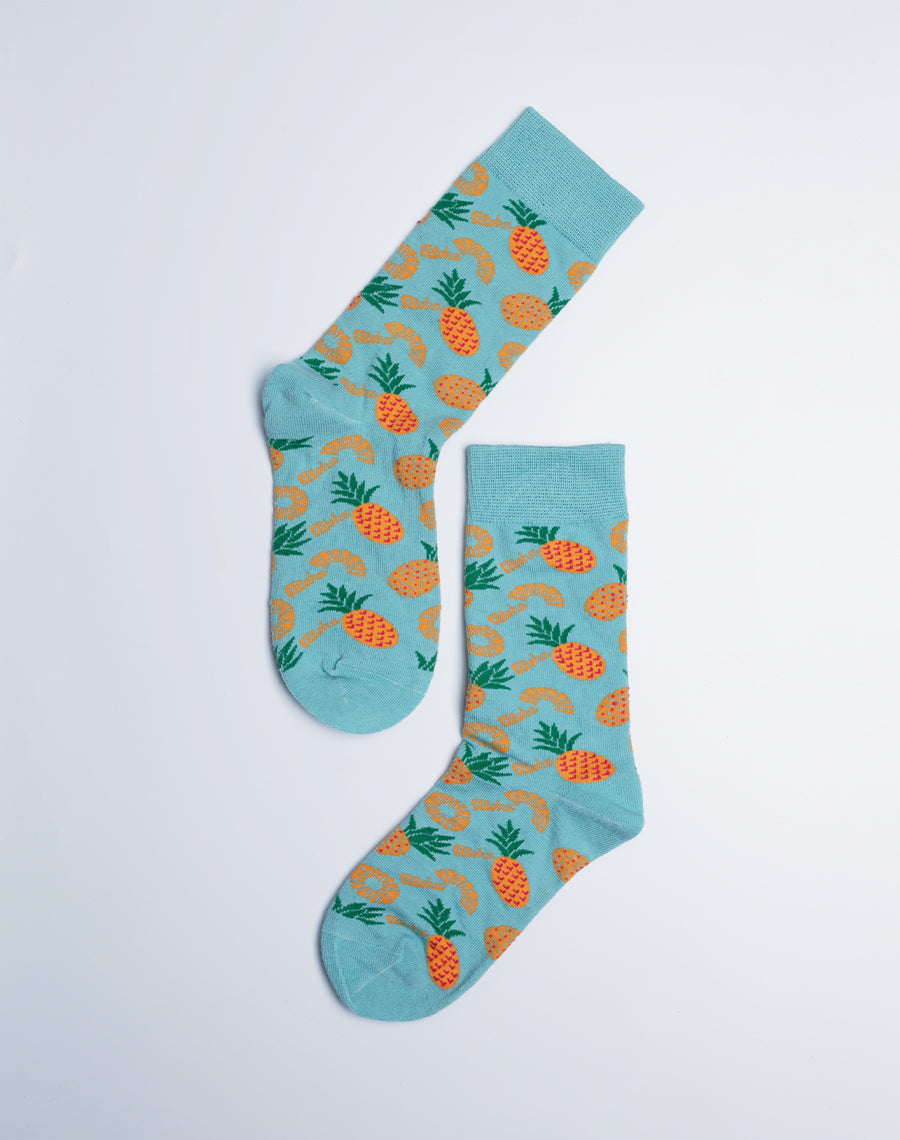 Kids Aloha Pineapple Tropical Crew Socks - Light Blue Pineapple Printed Socks - Cotton made