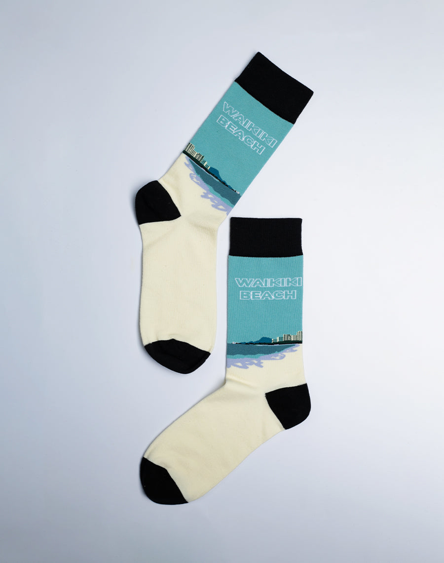 Blue color socks with Black Toe Cotton Made Waikiki Beach Hawaiian Crew Socks for Men