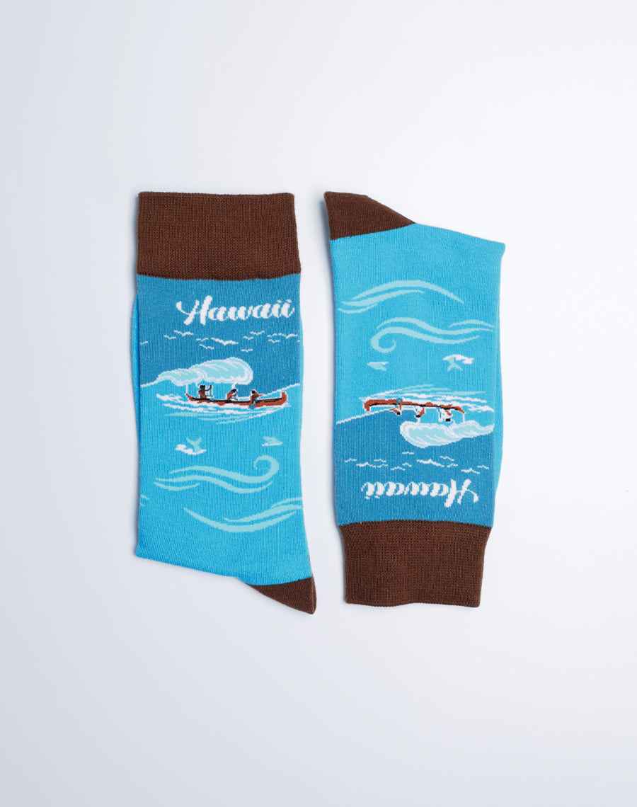 Blue and Brown color Hawaii Printed Socks - Cotton made - Tropical Hawaiian Waves  Theme