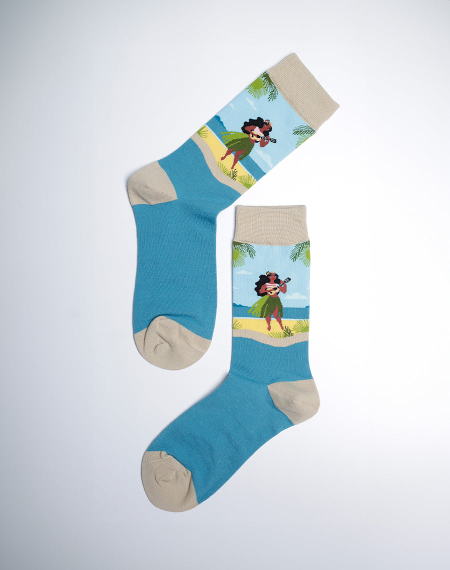 Blue Multicolor Hawaiian Crew Socks for Women