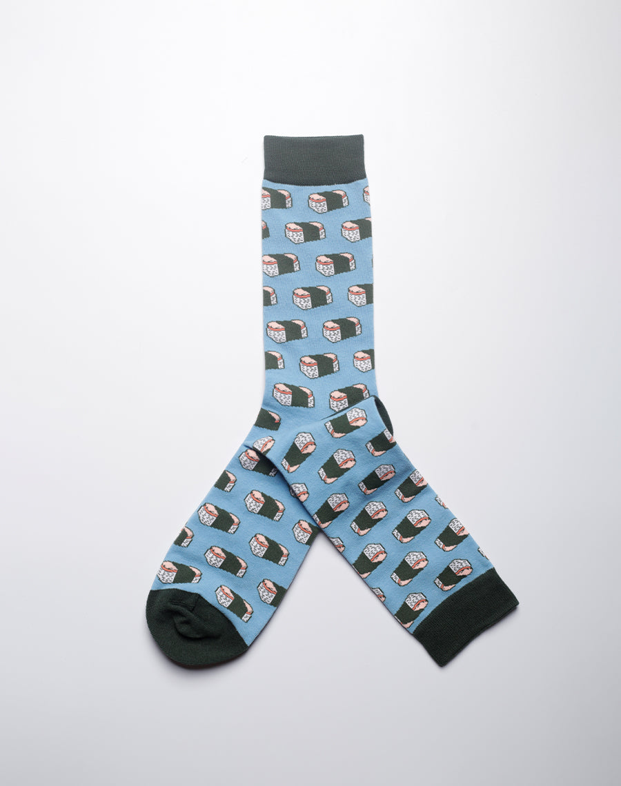 Blue Hawaii socks with spam musubi food print design
