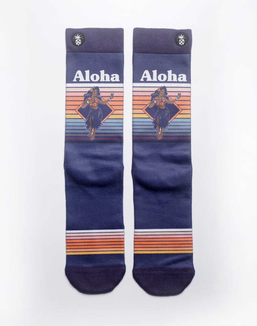 Blue retro aloha socks with hula dancer print