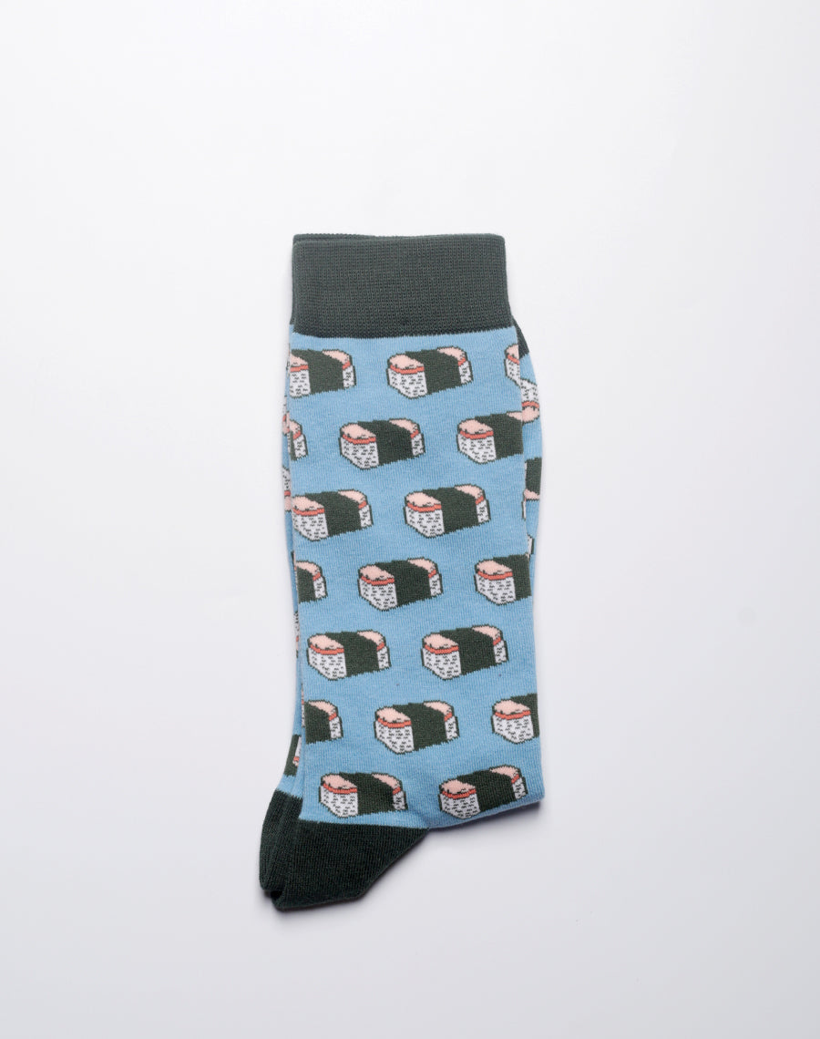 Blue tropical socks with playful Hawaiian food design