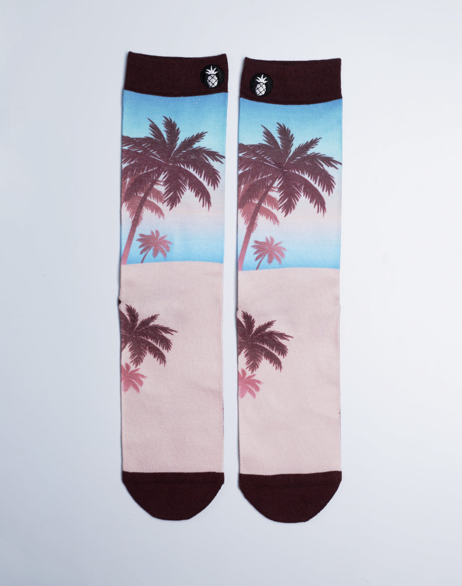 Unisex Palm Haze Tropical Printed Crew Socks - Beige and Blue Color