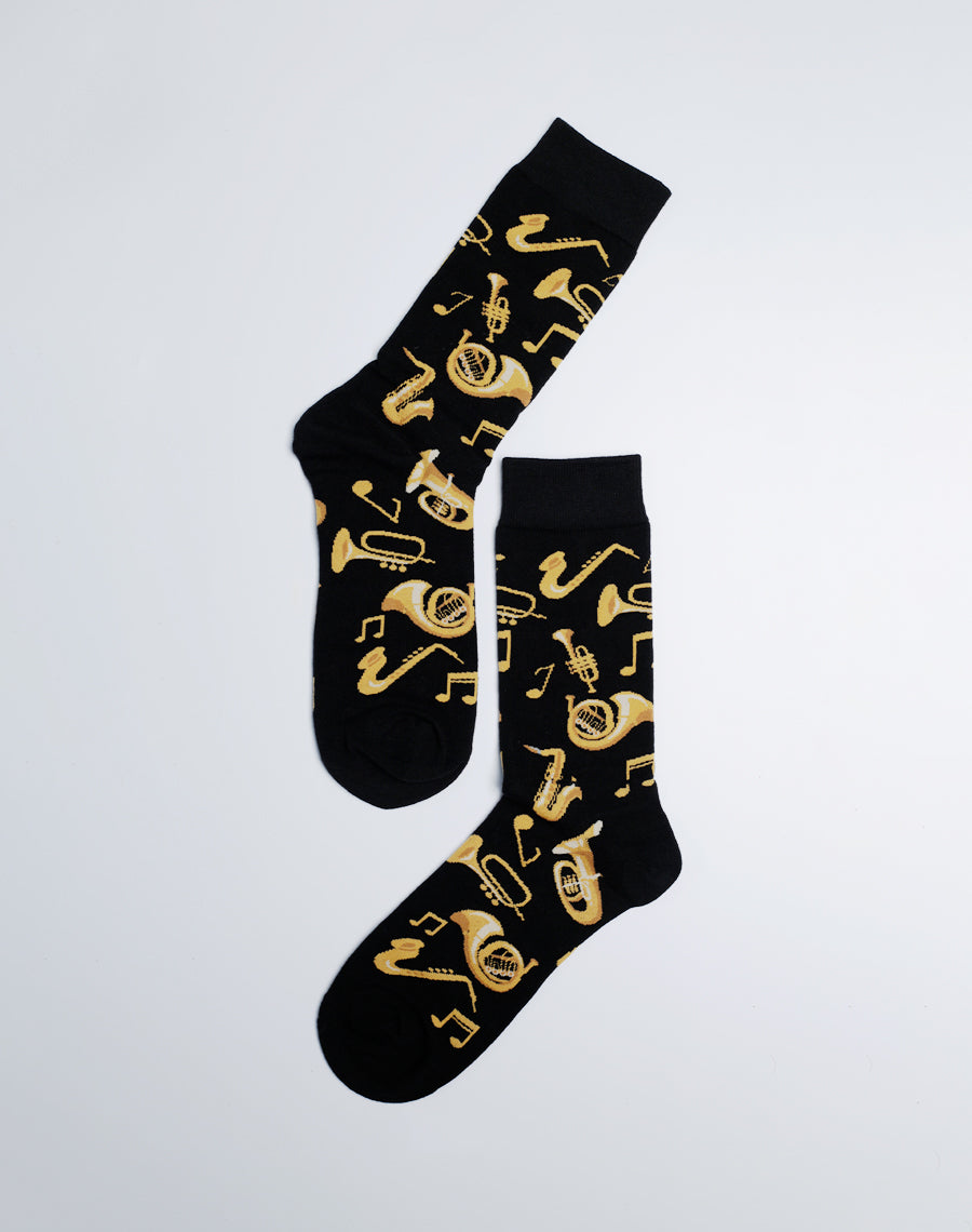 Black and Golden Color Socks for Music Lovers - Men's Brass Instruments Jazz Music Crew Socks