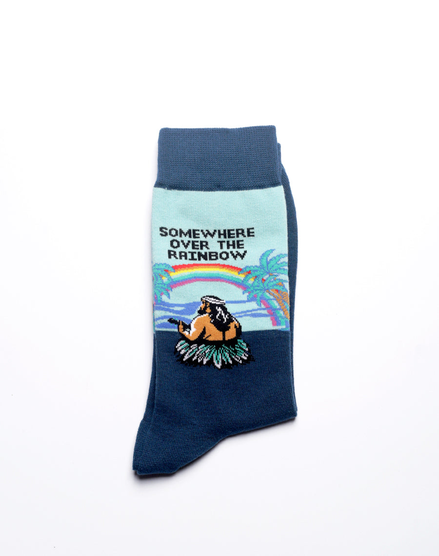 Bright blue socks inspired by island rainbow scenery