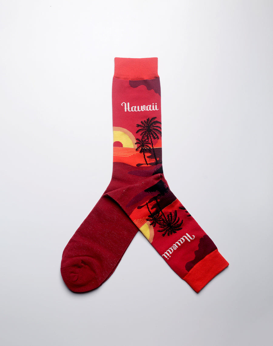 Burgundy and red socks with Hawaii sunset design