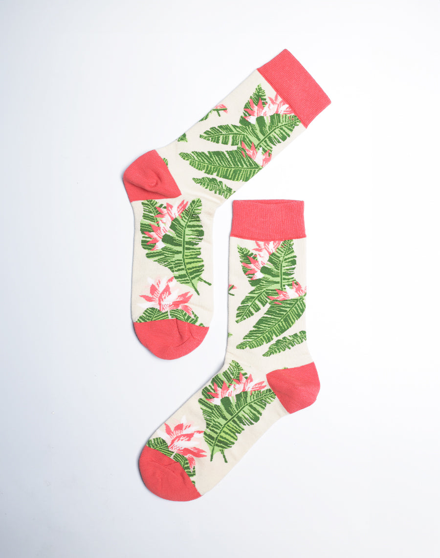 Sand Color Cotton Made Crew Socks - Floral Print