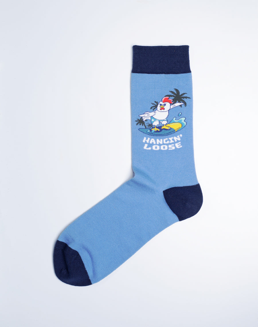 Men's Chicken Hangin' Loose Crew Socks (Blue) - Hawaiian Socks Funny Cotton Printed Socks