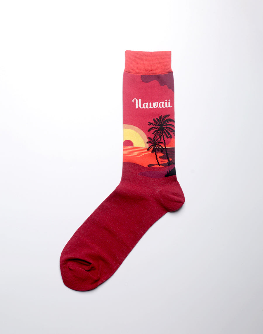 Close-up of Hawaii sunset themed crew socks