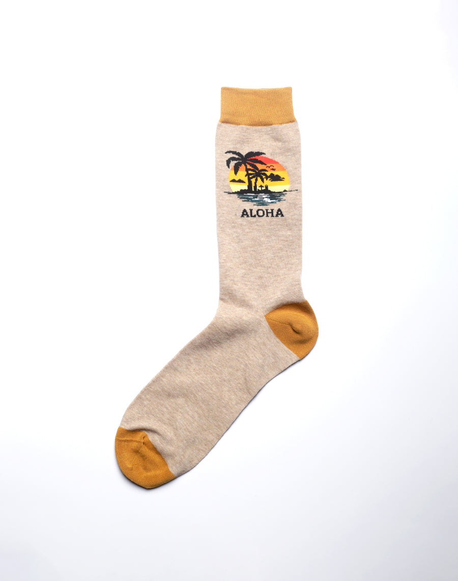 Close-up of beige aloha themed novelty socks