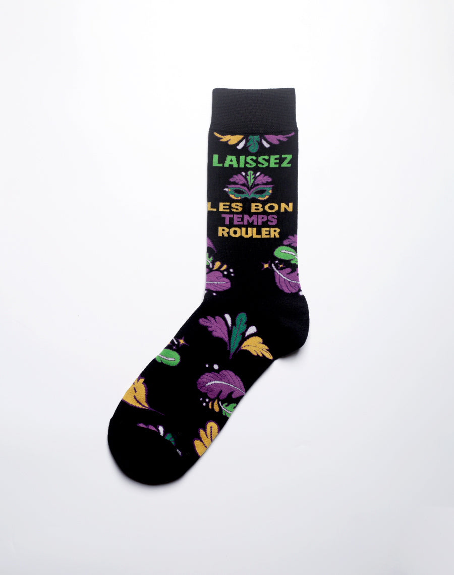 Close-up of black Mardi Gras themed socks with vibrant design