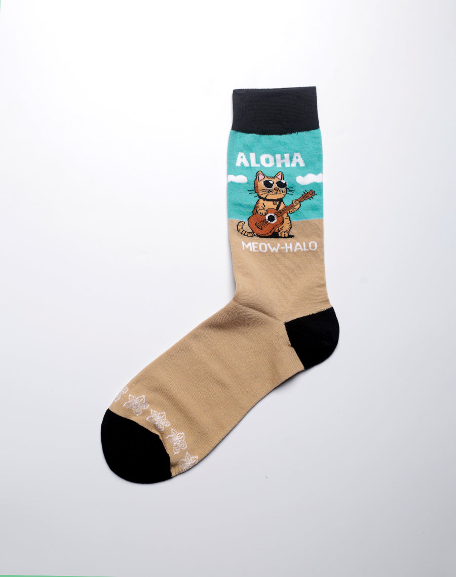 Close-up of blue and brown cat themed novelty socks