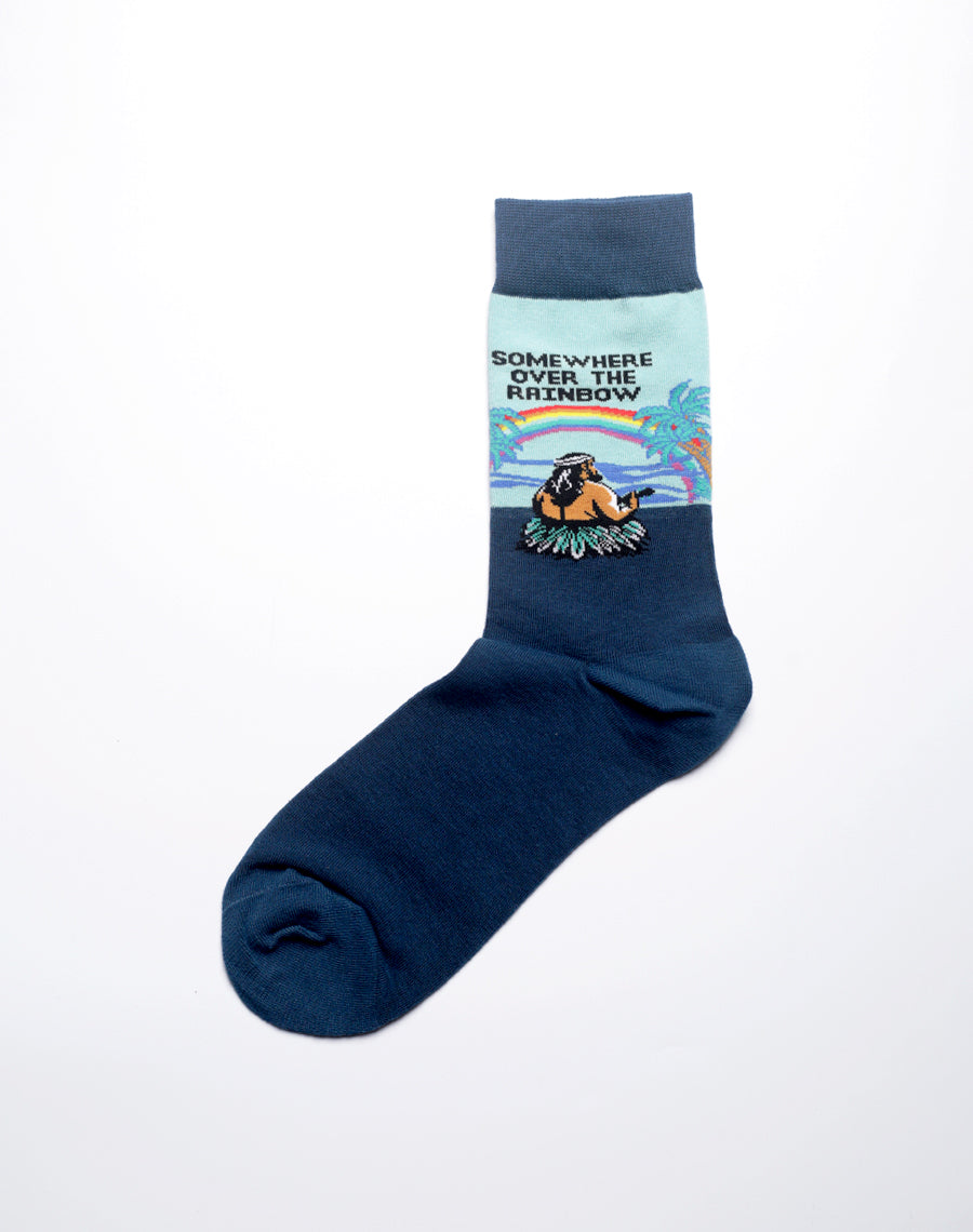 Close-up of blue rainbow print novelty socks