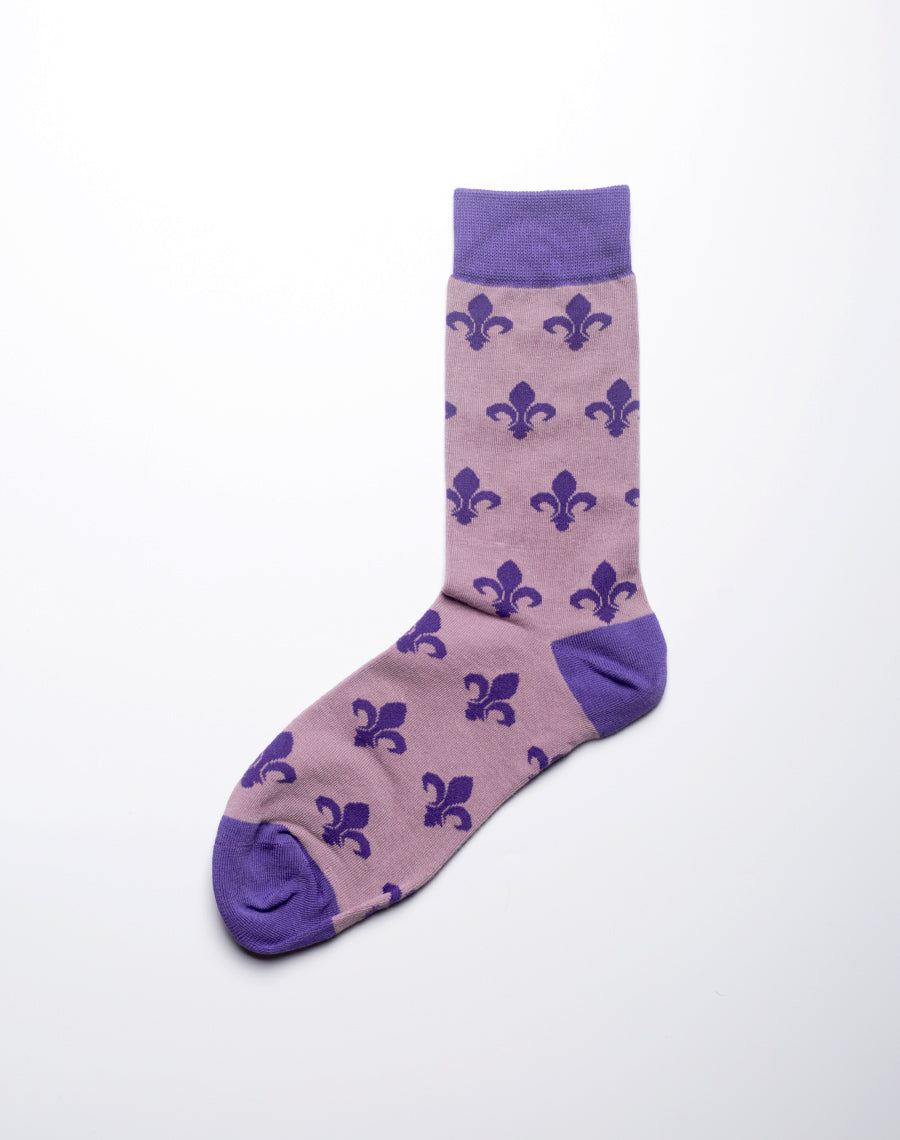 Close-up of purple fleur de lis printed socks for women