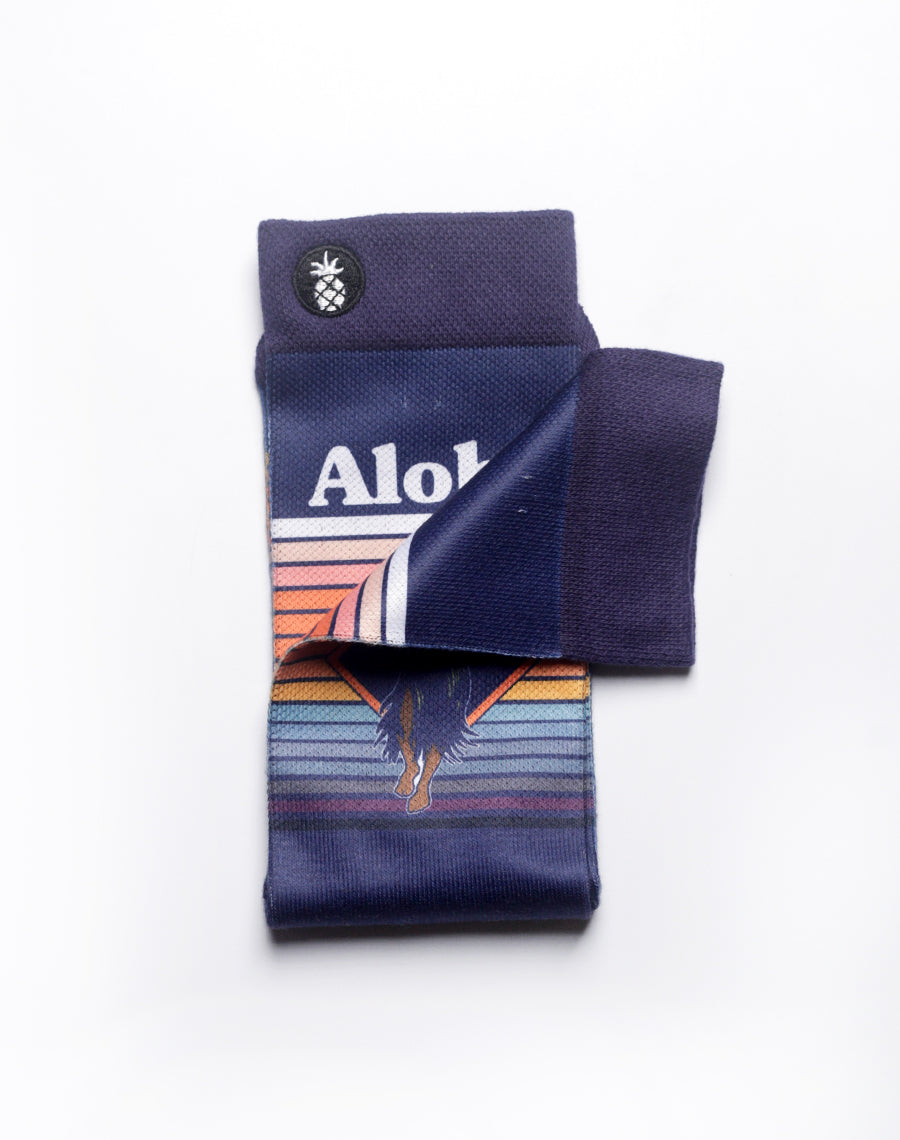 Close-up of retro hula dancer socks in blue